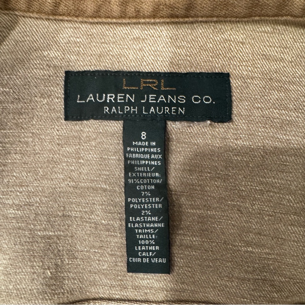 LRL- Ralph Lauren‎ Classic Tan Canvas with Leather Trim Moto Jacket. Size 8 - Picture 8 of 11